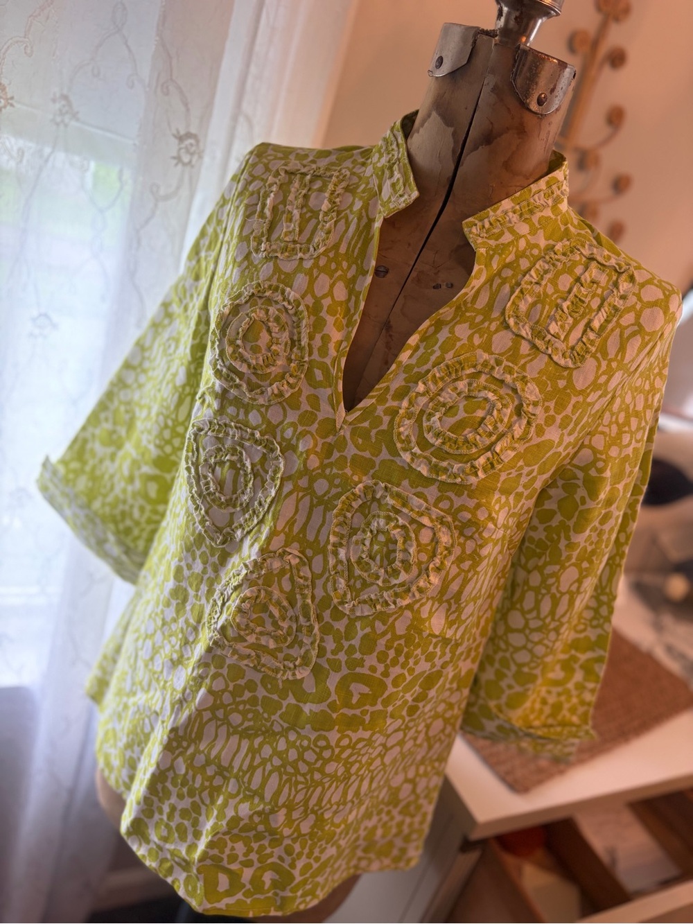 Lime Green and White Textured Print Top